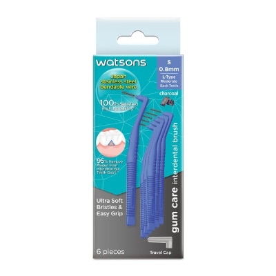 WATSONS L-Type Charcoal Interdental Brush, 0.8Mm (For Back And Moderately Spaced Teeth, Charcoal Fresh Breath, High Durability, Ultra-Soft & Easy Grip) 6s