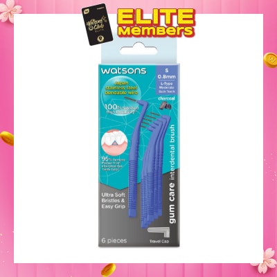 WATSONS L-Type Charcoal Interdental Brush, 0.8Mm (For Back And Moderately Spaced Teeth, Charcoal Fresh Breath, High Durability, Ultra-Soft & Easy Grip) 6s
