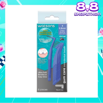 WATSONS L-Type Charcoal Interdental Brush, 0.8Mm (For Back And Moderately Spaced Teeth, Charcoal Fresh Breath, High Durability, Ultra-Soft & Easy Grip) 6s