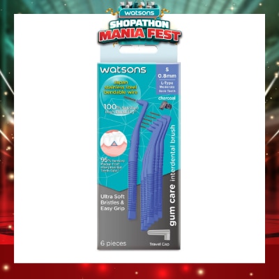 WATSONS - L-Type Charcoal Interdental Brush, 0.8Mm (For Back And Moderately Spaced Teeth, Charcoal Fresh Breath, High Durability, Ultra-Soft & Easy Grip) 6s