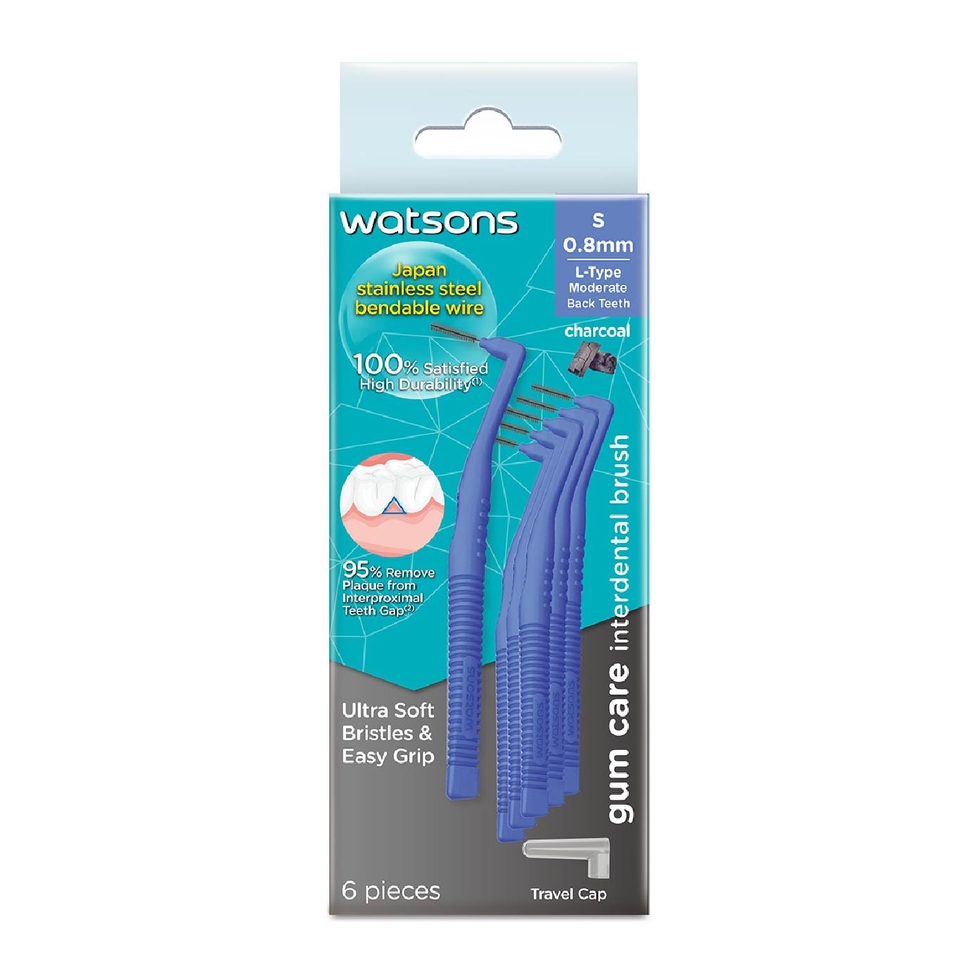 L-Type Charcoal Interdental Brush, 0.8Mm (For Back And Moderately Spaced Teeth, Charcoal Fresh Breath, High Durability, Ultra-Soft & Easy Grip) 6s