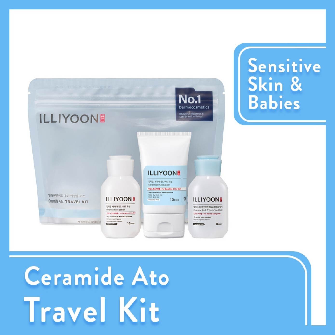 ILLIYOON Ceramide Ato Travel Kit (Lotion 50ml, Cream 30ml & Wash