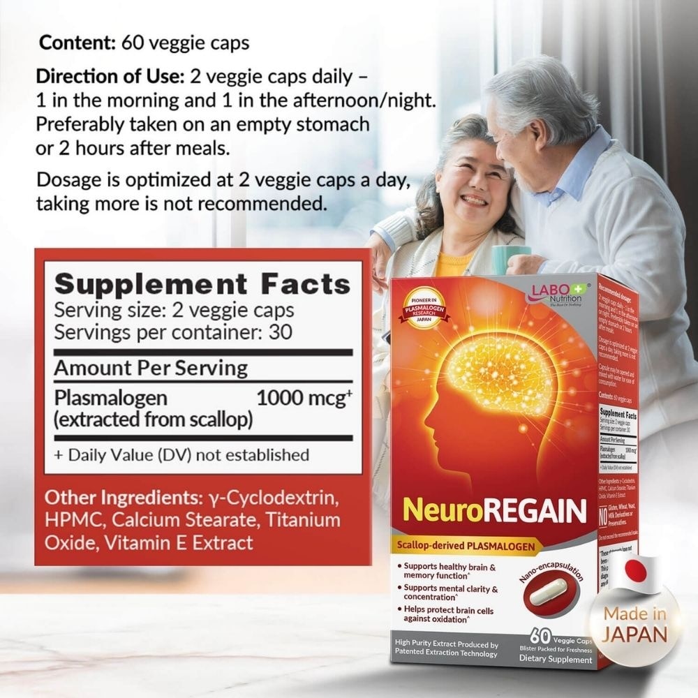 NeuroREGAIN Scallop Plasmalogen Veggie Capsule (Brain Deterioration, Memory, Alertness, Learning, Concentration, and Cognitive Functions) 60s image