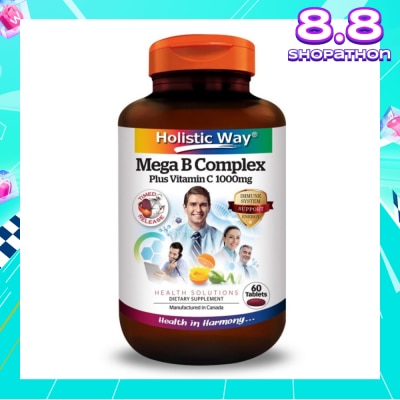 HOLISTIC WAY Mega B Complex Plus Vitamin C 1000mg Tablets (Support the Nervous System and Overall Health) 60s