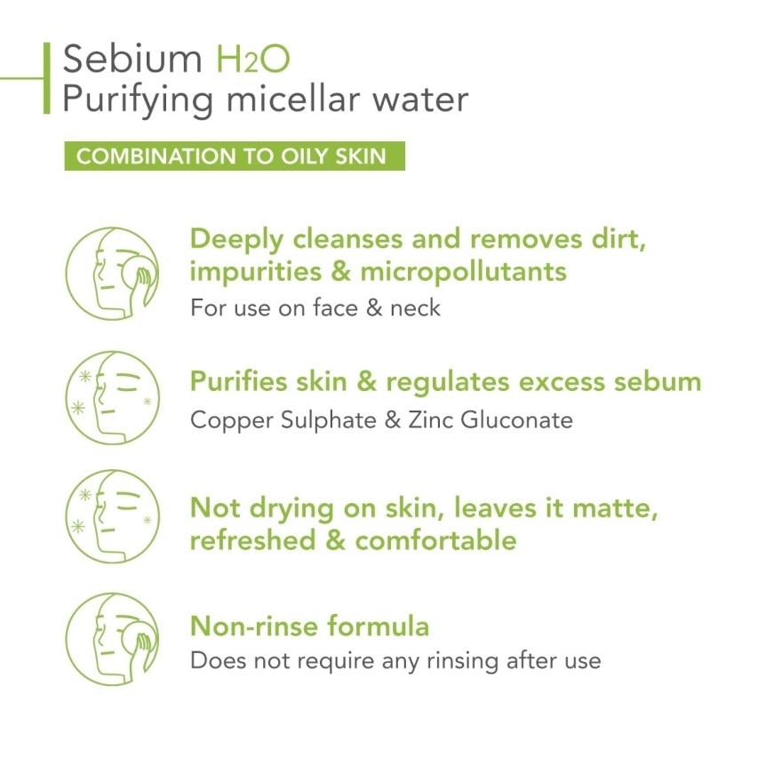 Sebium H2O Purifying Micellar Water (Facial Non-Rinse Cleanser for Oily, Acne-Prone Skin) 100ml