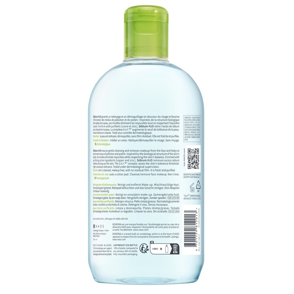 Sebium H2O Purifying Micellar Water (Facial Non-Rinse Cleanser for Oily, Acne-Prone Skin) 500ml