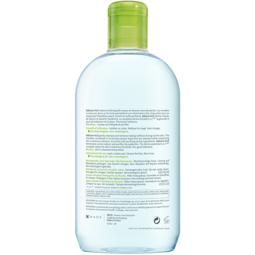 Sebium H2O Purifying Micellar Water (Facial Non-Rinse Cleanser for Oily, Acne-Prone Skin) 500ml