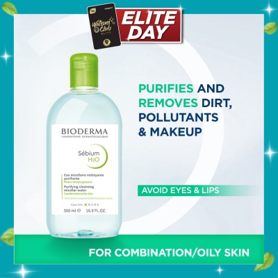 BIODERMA Sebium H2O Purifying Micellar Water (Facial Non Rinse Cleanser for Oily, Acne Prone Skin) 500ml image