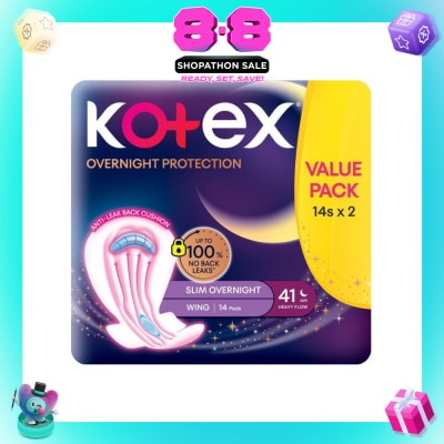 KOTEX - Slim Overnight Protection Wing 41cm Twin Pack 14s x 2