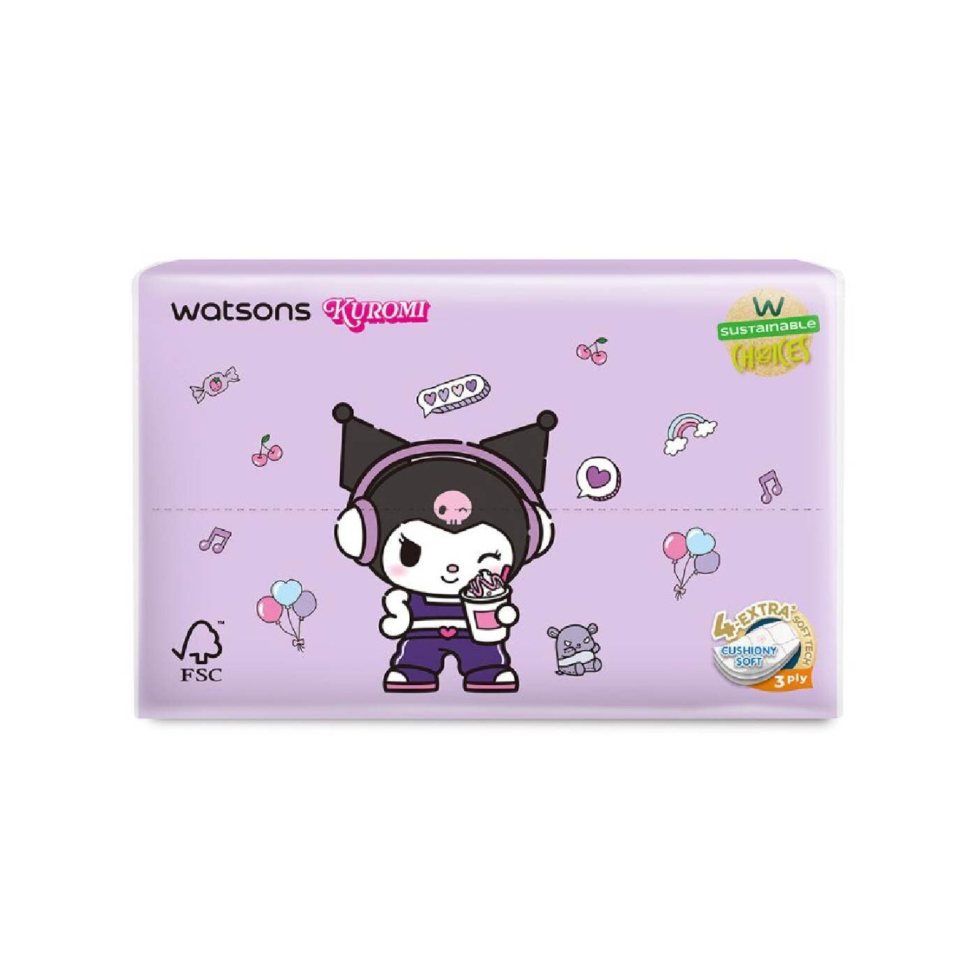 WATSONS Sanrio Melody Kuromi M Size Travel Tissue 3 Ply 50s x 4
