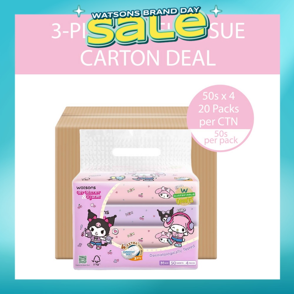 Sanrio Melody Kuromi M Size Travel Tissue 3 Ply 50s x 4 Packs x 20s (Carton) (Expiry: Dec`2026)