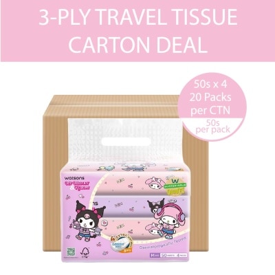 WATSONS Sanrio Melody Kuromi M Size Travel Tissue 3 Ply 50s x 4 Packs x 20s (Carton)