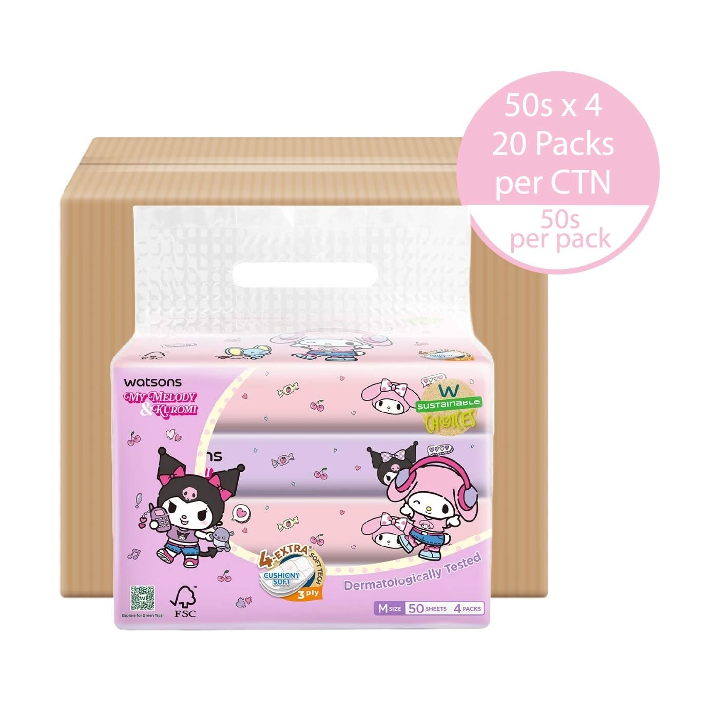 Sanrio Melody Kuromi M Size Travel Tissue 3 Ply 50s x 4 Packs x 20s (Carton)