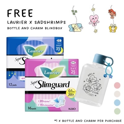 LAURIER Super Slimguard Sanitary Pad Twin Pack (Day Sanitary Pad 25cm 16s & Night Sanitary Pad 35cm 12s With FREE Sad Shrimps Illustrated Water Bottle 1s + Charm Blind Box 1s) 1s