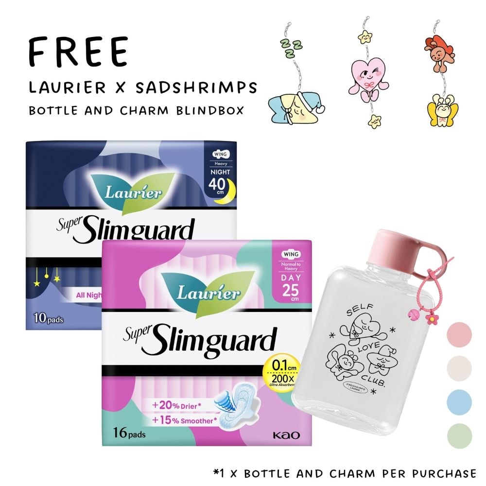 Super Slimguard Sanitary Pad Twin Pack (Day Sanitary Pad 25cm 16s & Night Sanitary Pad 40cm 10s With FREE Sad Shrimps Illustrated Water Bottle 1s + Charm Blind Box 1s) 1s