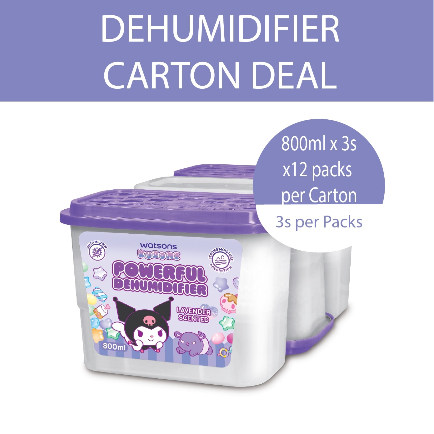 Sanrio Kuromi Powerful Dehumidifier Lavender Scented 800ml x 3s x 12 (Per Carton)