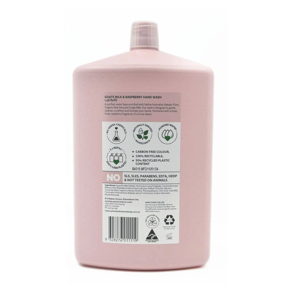 Australian Botanical Soap Goats Milk & Raspberry Hand Wash (Kakadu Plum Coconut Oil Organic Aloe Vera And Raspberry) Refill 1.5L