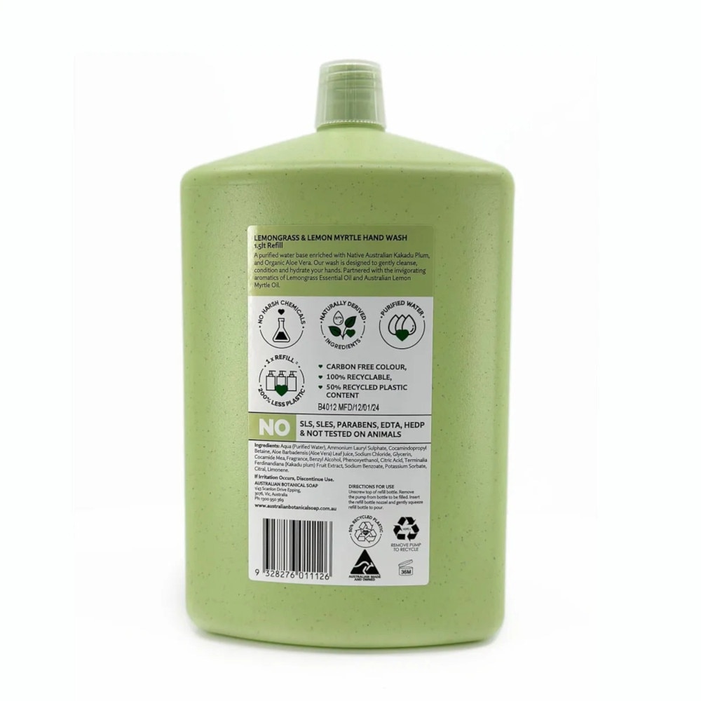Australian Botanical Soap Lemongrass & Lemon Myrtle Hand Wash  (Kakadu Plum Coconut Oil Organic Aloe Vera Lemongrass And Myrtle Oil) Refill 1.5L