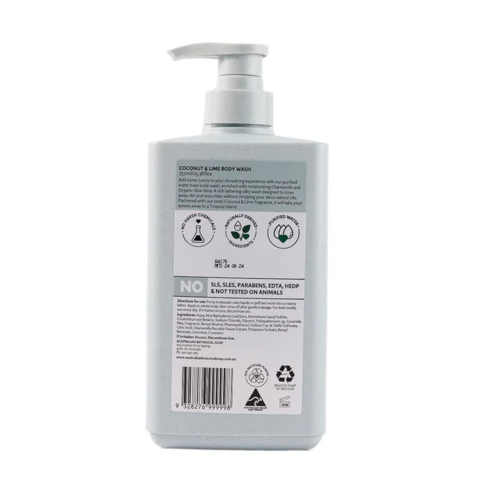 Australian Botanical Soap Coconut & Lime Oil (Chamomile Organic Aloe Vera Coconut And Lime) Body Wash 750ml