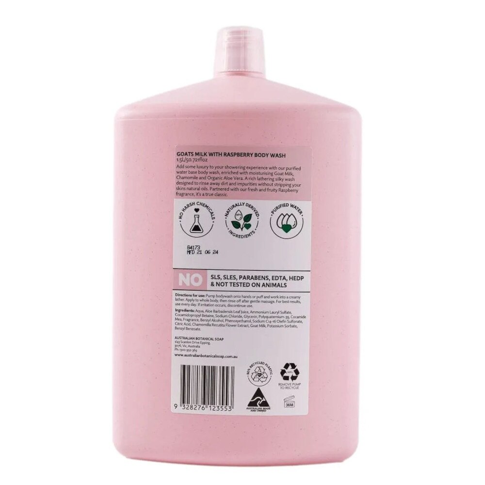 Australian Botanical Soap Goats Milk With Raspberry Body Wash  (Goat Milk Chamomile Organic Aloe Vera And Raspberry) Refill 1.5L