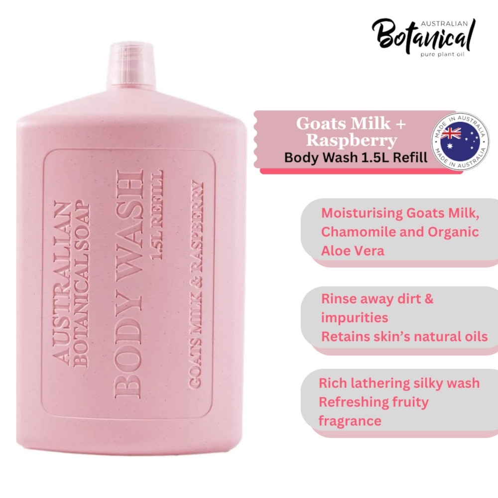 Australian Botanical Soap Goats Milk With Raspberry Body Wash  (Goat Milk Chamomile Organic Aloe Vera And Raspberry) Refill 1.5L