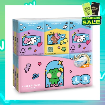 WATSONS Line Friends Minini 100% Bamboo 3 ply Velvet Petite Hankies 8 x 18s