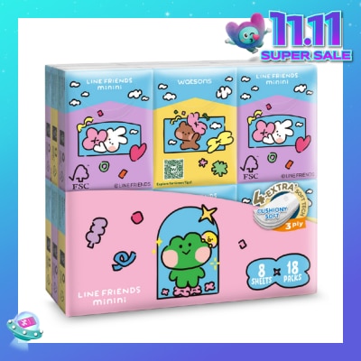 WATSONS Line Friends Minini 100% Bamboo 3 ply Velvet Petite Hankies 8 x 18s