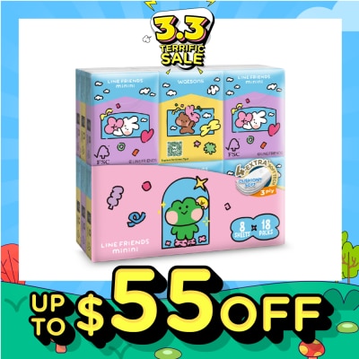 WATSONS Line Friends Minini 100% Bamboo 3 ply Velvet Petite Hankies 8 x 18s