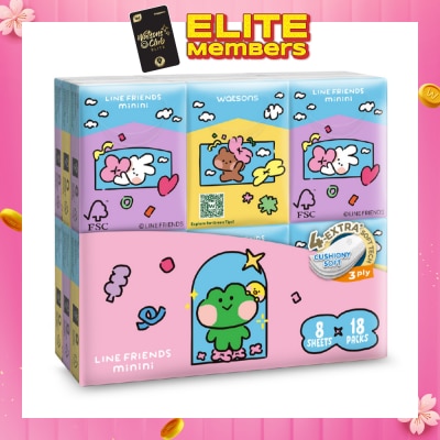 WATSONS Line Friends Minini 100% Bamboo 3 ply Velvet Petite Hankies 8 x 18s