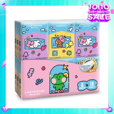 WATSONS Line Friends Minini 100% Bamboo 3 ply Velvet Petite Hankies 8 x 18s