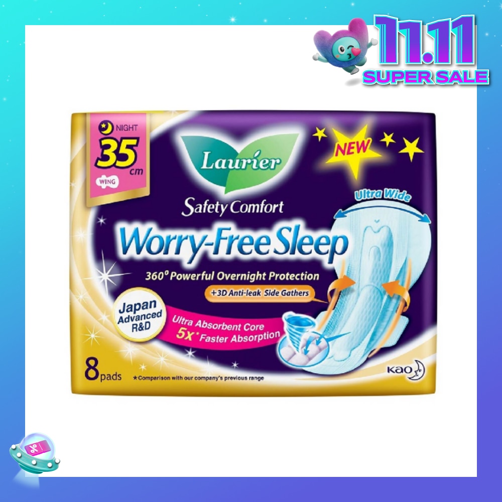 Safety Comfort Worry Free Sleep Sanitary Napkin with Wing Ultra Wide Anti Leak Overnight 35cm 8s