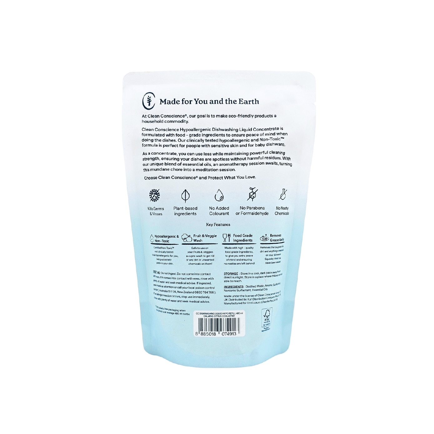 Hypoallergenic Dishwashing Liquid Concentrate Refill Pack 480ml