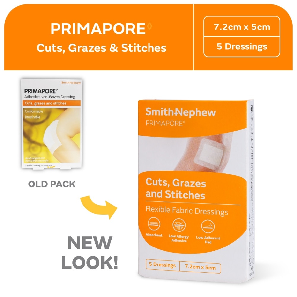 Primapore Cuts, Grazes And Stitches Dressings 7.2cm x 5cm 5s