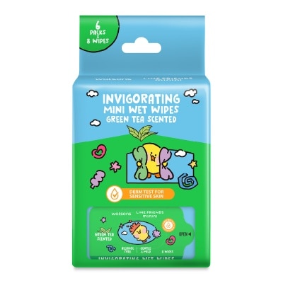 WATSONS Line Friends Minini Invigorating Mini Wet Wipes Green Tea Scented 8 x 6s