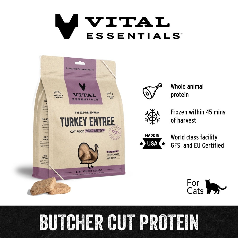 Freeze-Dried Raw Turkey Entree Cat Food Mini Patties 8oz