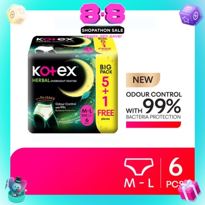 KOTEX - Herbal Overnight Panties Size M-L 6s (5s + Free 1s)