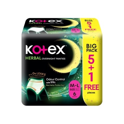 KOTEX - Herbal Anti-Bacterial Overnight Panties M-L Big Pack 6s (5s + Free 1s)