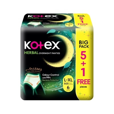 KOTEX - Herbal Anti-Bacterial Overnight Panties L-XL Big Pack 6s (5s + Free 1s)