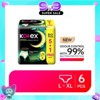 KOTEX - Herbal Overnight Panties Size L-XL 6s (5s + Free 1s) image
