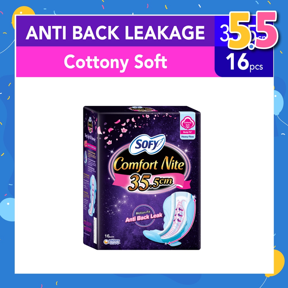Comfort Nite Cottony Soft Motion Fit Anti-Back Leakage Sanitary Pad Night Wing 35.5cm  (For Heavy Flow) 16s