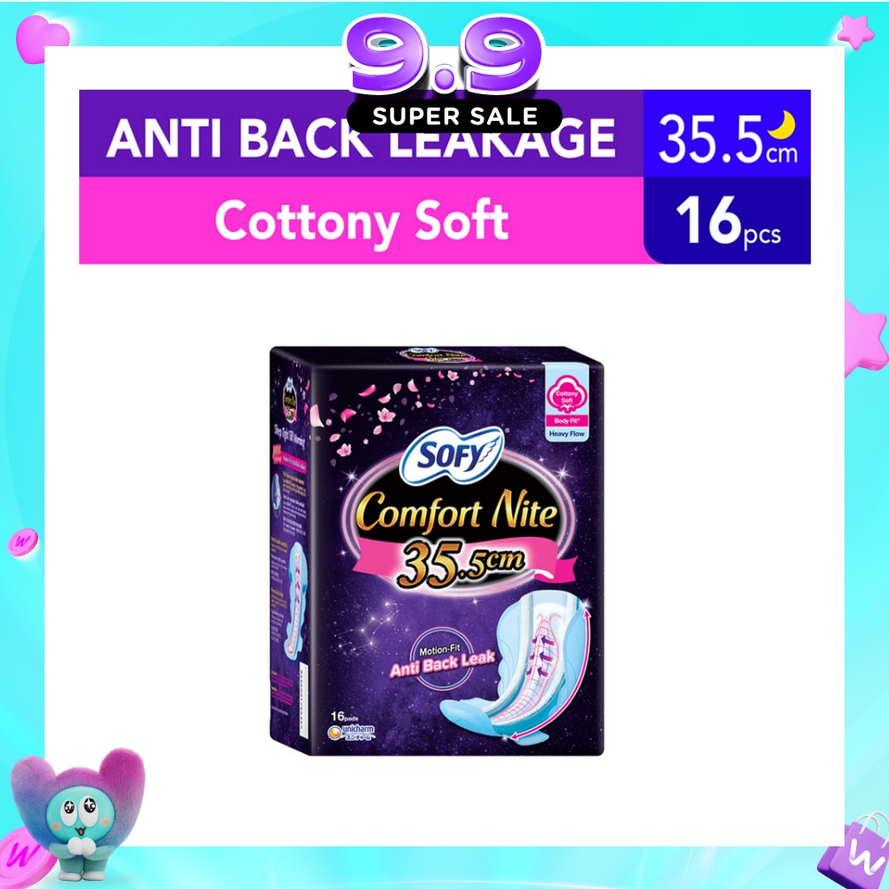 Comfort Nite Cottony Soft Motion Fit Anti-Back Leakage Sanitary Pad Night Wing 35.5cm (For Heavy Flow) 16s image