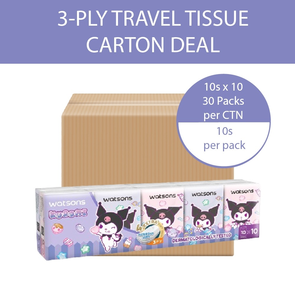Sanrio Kuromi Velvety Mini Hankies (3 Ply x 10s x 10 Packs) x 30s (Carton)