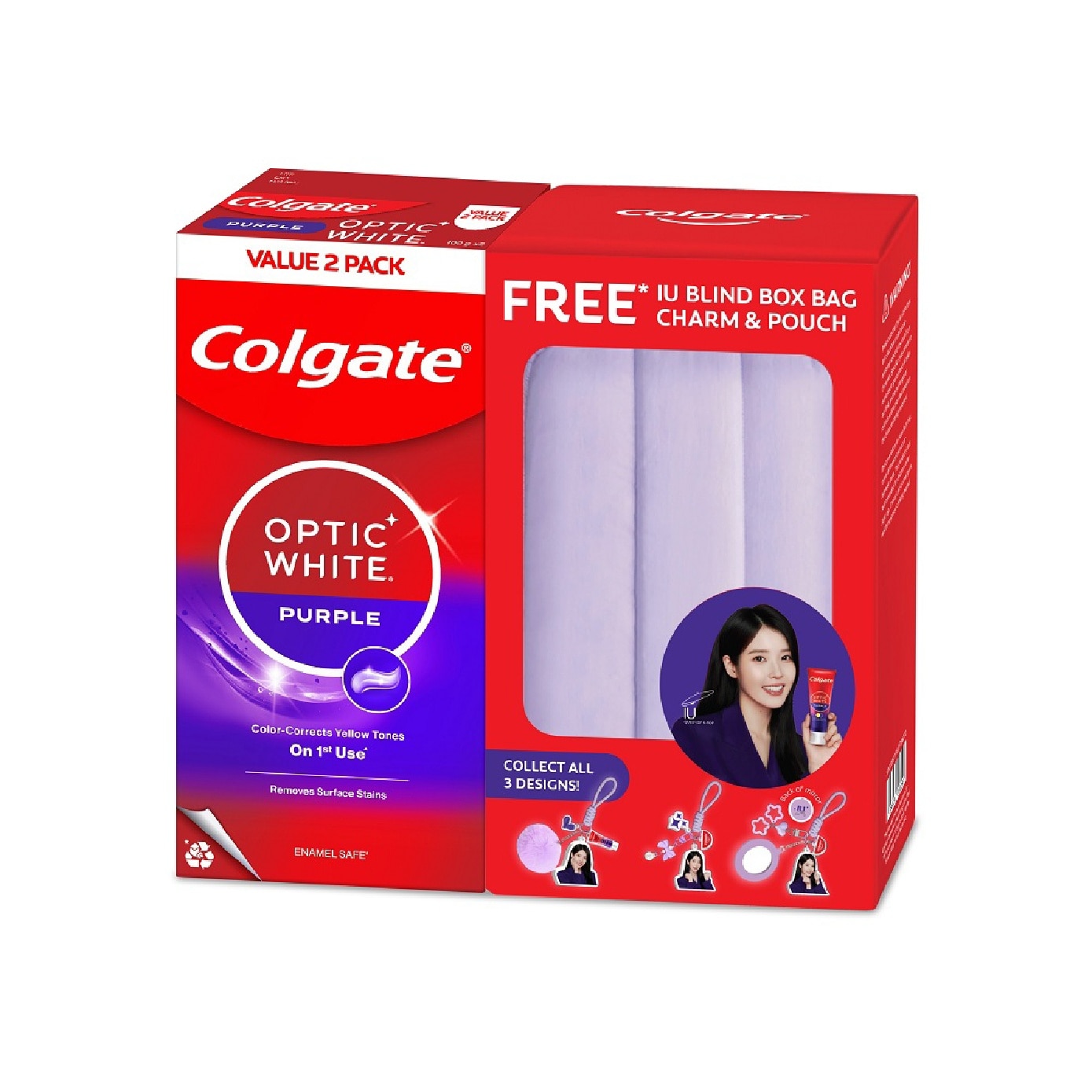 Optic White Purple Toothpaste 100g x 2s + IU Blind Box Keychain (Random Design) 1s & Purple Pouch 1s