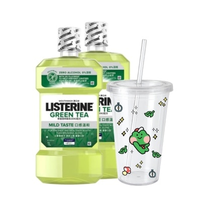LISTERINE Green Tea Mouthwash TwinPack With Tumbler (Non-alcohol formula) 2 x 1L
