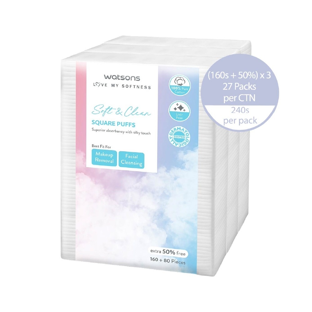 Soft & Clean Square Facial Puffs (160s+80s (50% Free) x 3s) x 27s (per carton)