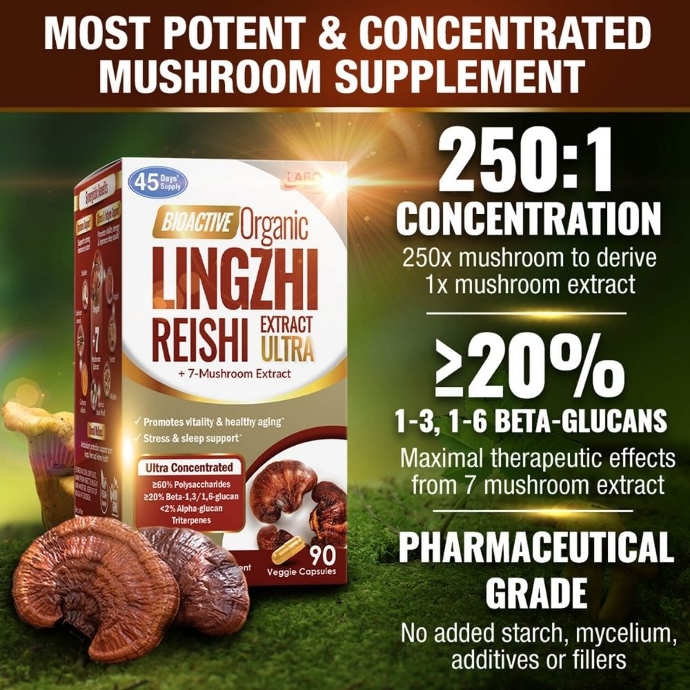Bioactive Organic Lingzhi Ultra Reishi with 7 Mushroom Extracts Veggie Capsule (Immunity, Calm, Energy, Sleep Support & Stress Relief) 90s image