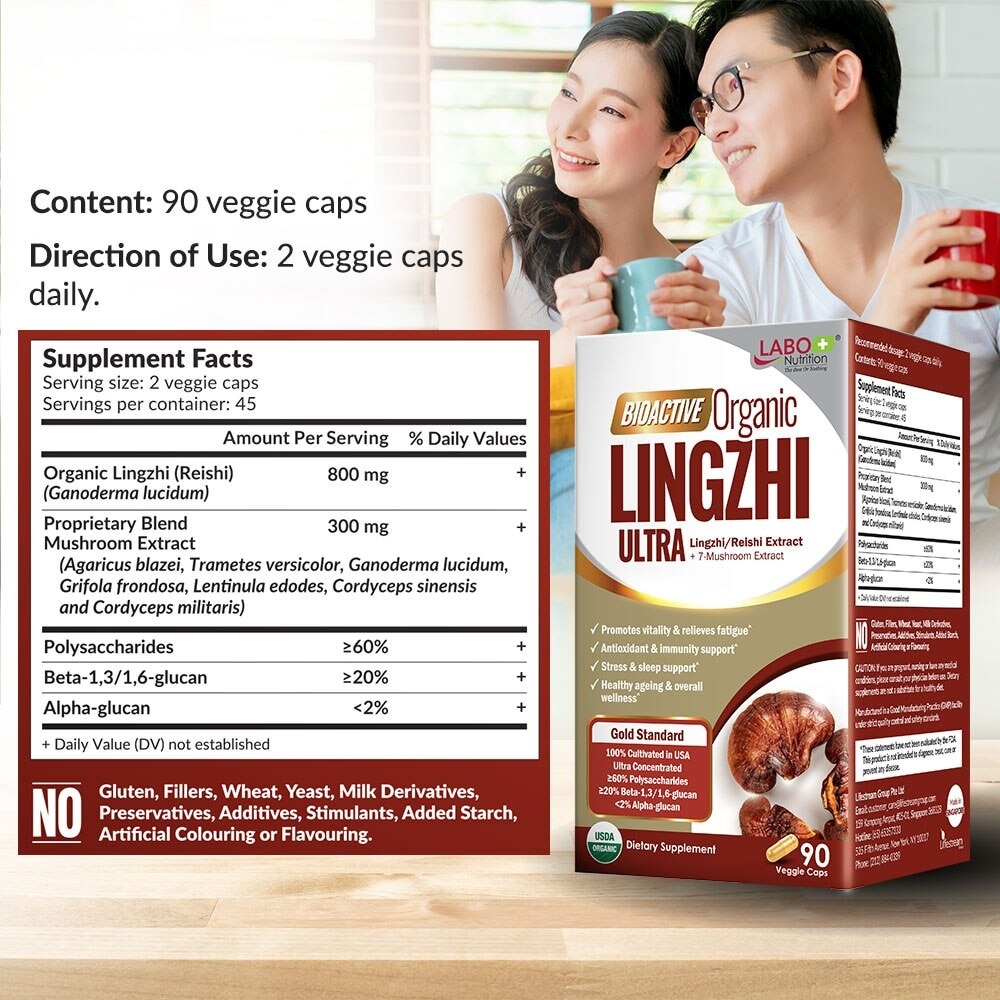 Bioactive Organic Lingzhi Ultra Dietary Supplement Veggie Capsule (For Immunity, Calm, Energy, Sleep Support And Stress Relief) 90s