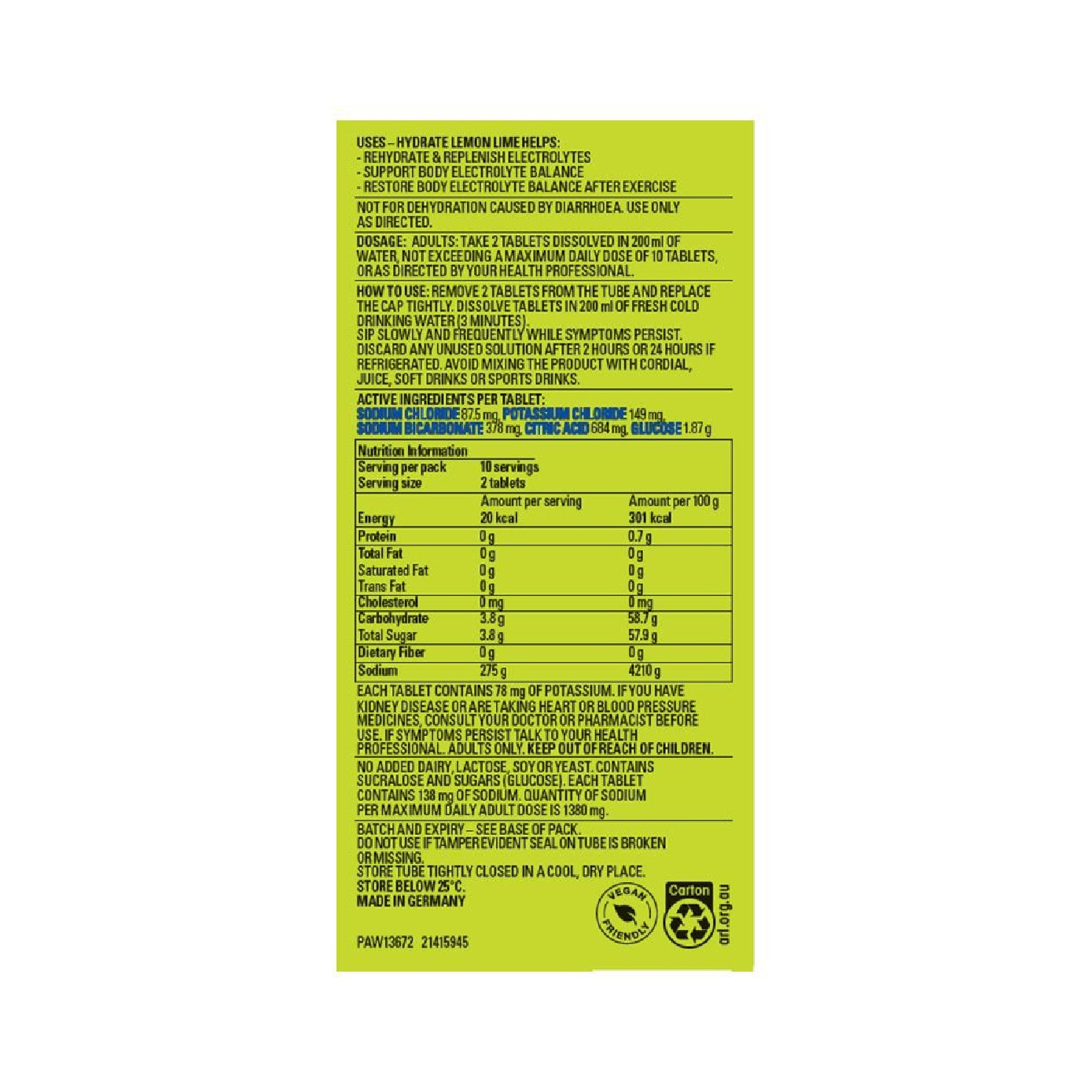 Hydrate Lemon + Lime Effervescent Electrolyte Tablet 40s