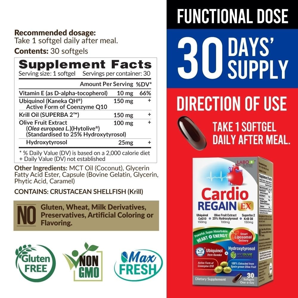CardioREGAIN EX Active Ubiquinol CoQ10 Softgels (Heart Health, Cellular Energy, Stable Heartbeat, Blood Pressure & Blood Lipid) 30s