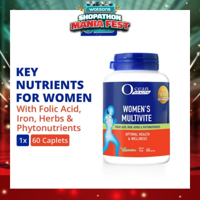 OCEAN HEALTH - Women’s Multivite Caplet (Supports Women's Optimal Health, including Immunity, Blood & Eye Health + With Folic Acid, Iron, Herbs & Phytonutrients + Vegetarian) 60s